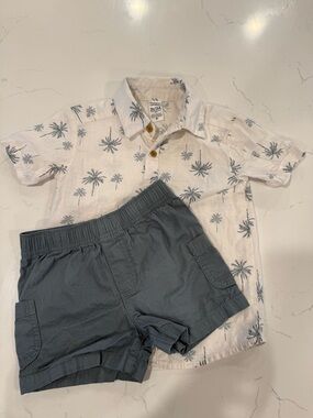 Carter's White Palm-Print Shirt and Blue Shorts Matching Set